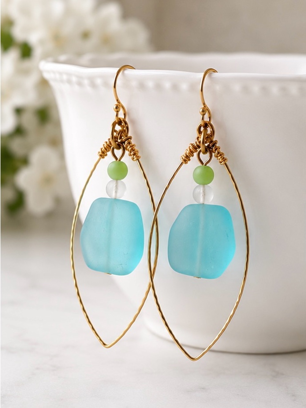 Sea Glass Gold Wire Earrings | Coastal Beachy Handmade Dangle Earrings